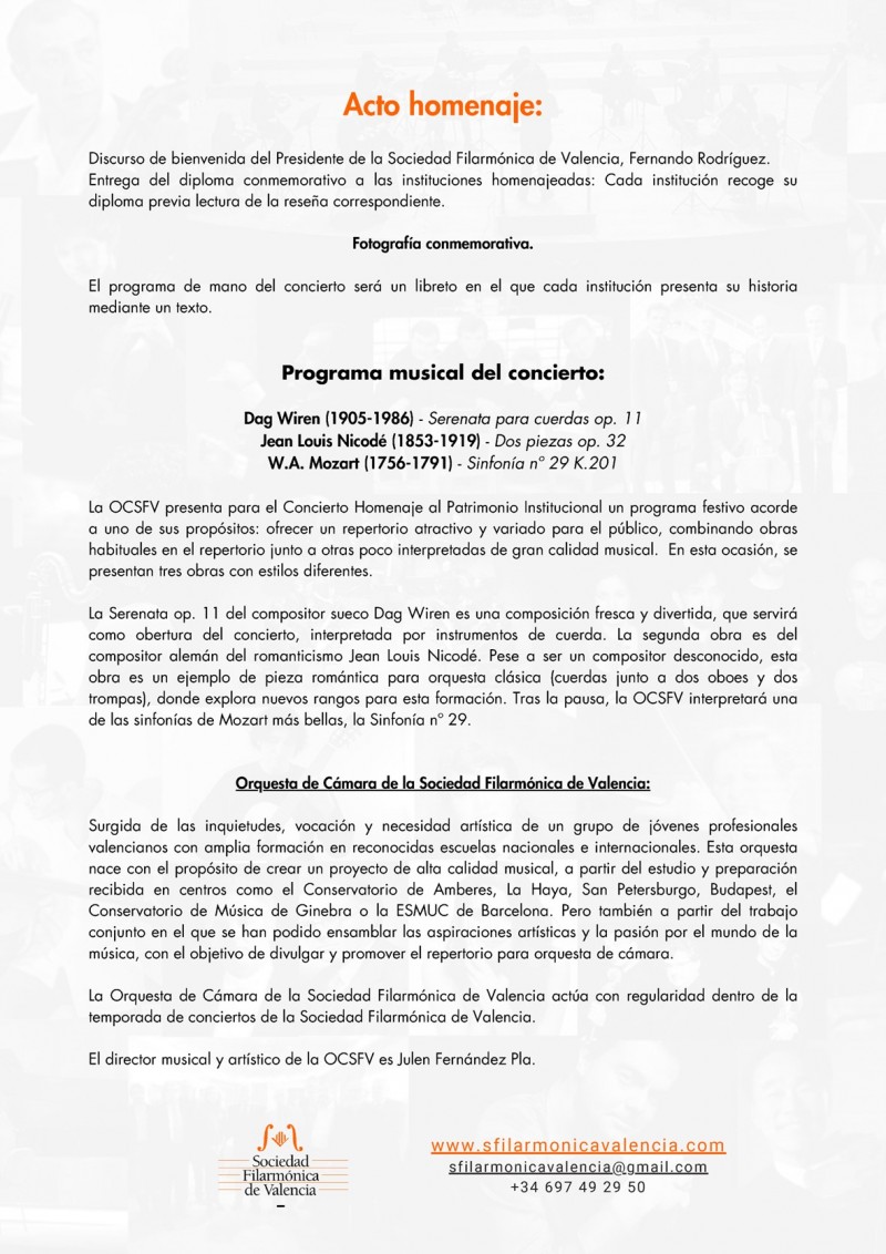 Concierto Homenaje Patrimonio Institucional - Orquesta de Cámara Soc. Filarmónica de Valencia